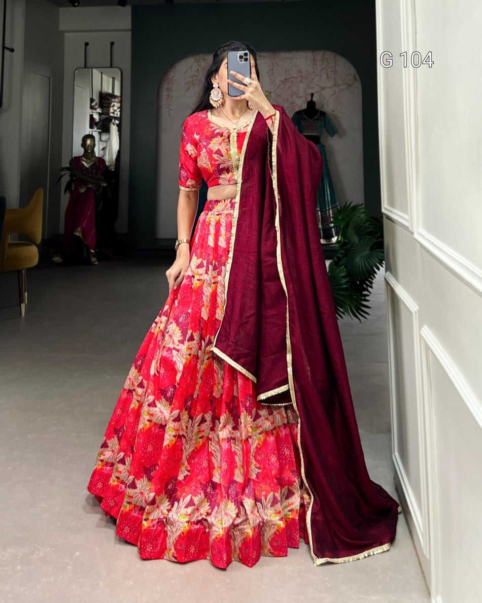 Tusar Silk Lehenga with Printed Design & Lace Touch Up – G 104 Red
