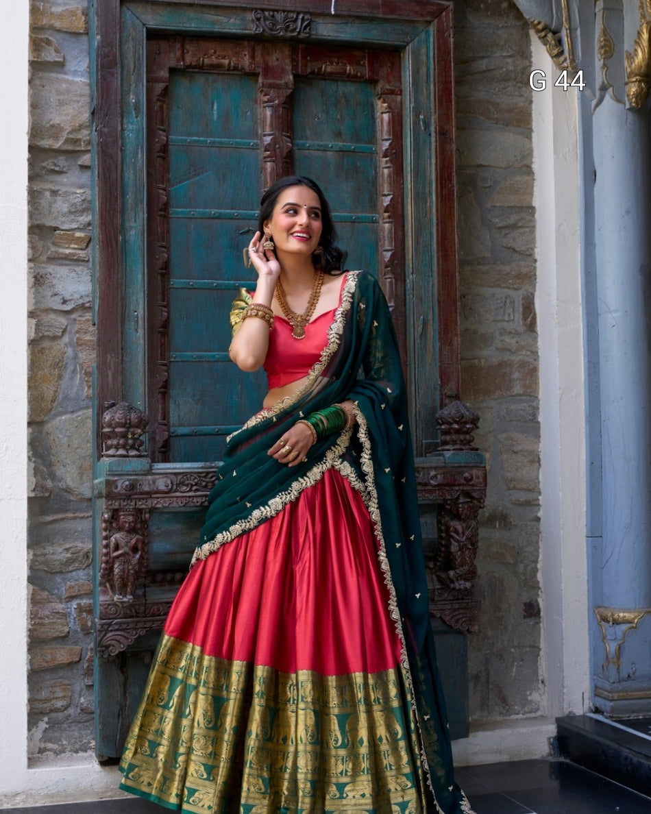 Narayan Pattu Lehenga with Zari Weaving Work – Stitched Blouse with Sequins Embroidery Dupatta - G 44