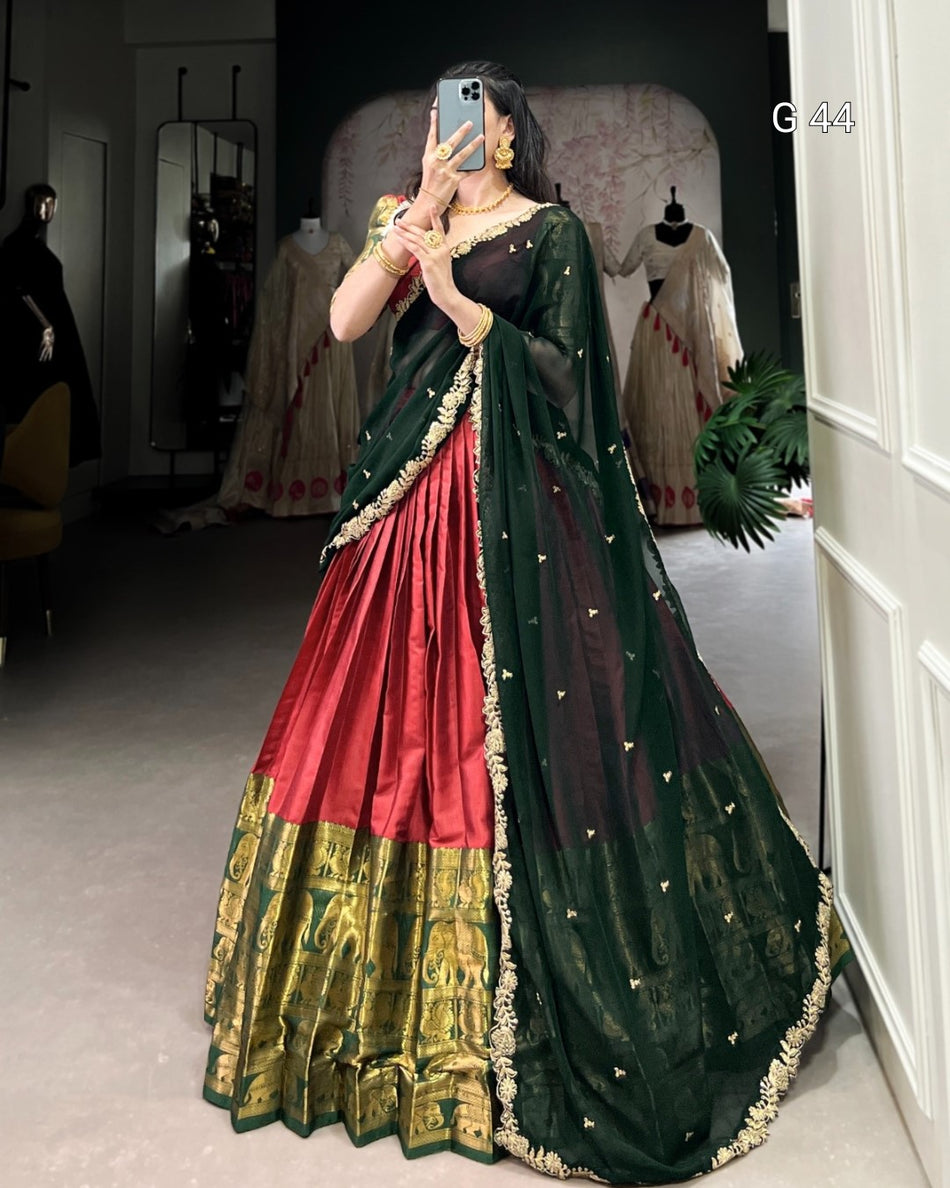 Red Narayan Pattu Lehenga with Zari Weaving Work – Stitched Blouse with Sequins Embroidery Dupatta - G 44 Red