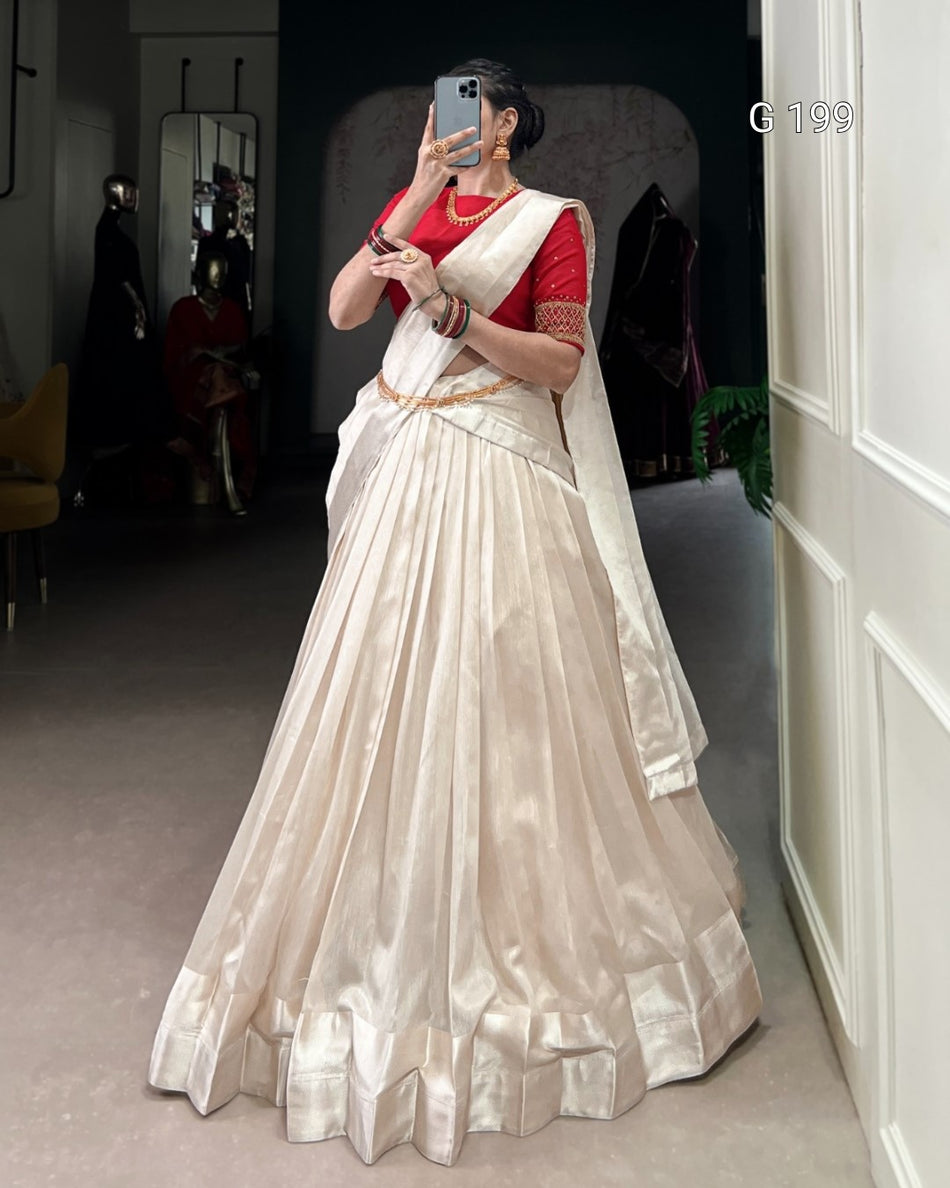 Red Poly Tasar Lehenga with Viscose Border and Bead Work – G 199 Red