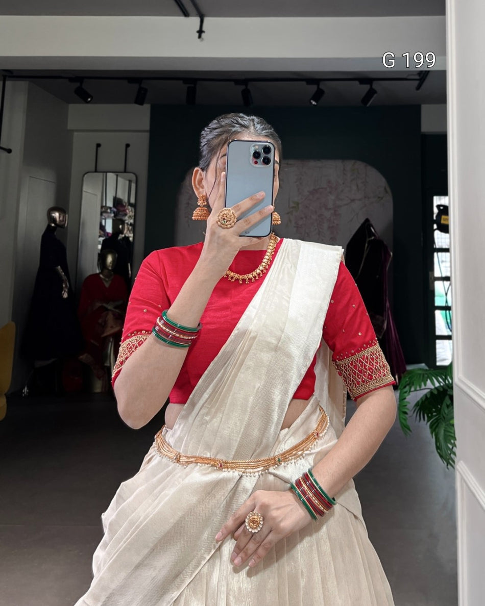 Red Poly Tasar Lehenga with Viscose Border and Bead Work – G 199 Red