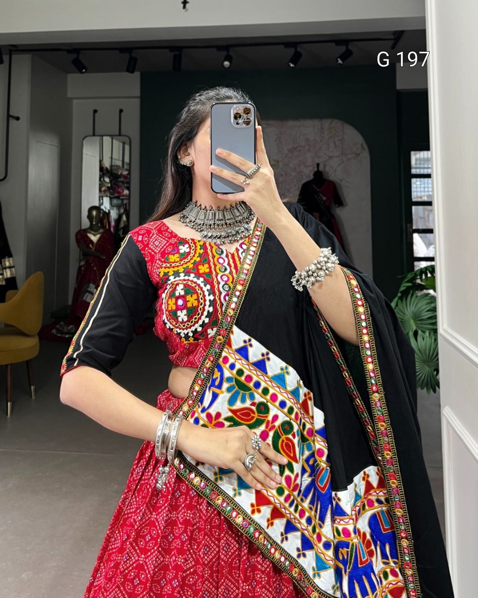 Red Pure Cotton Lehenga with Gamthi & Mirror Work – G 197 Red