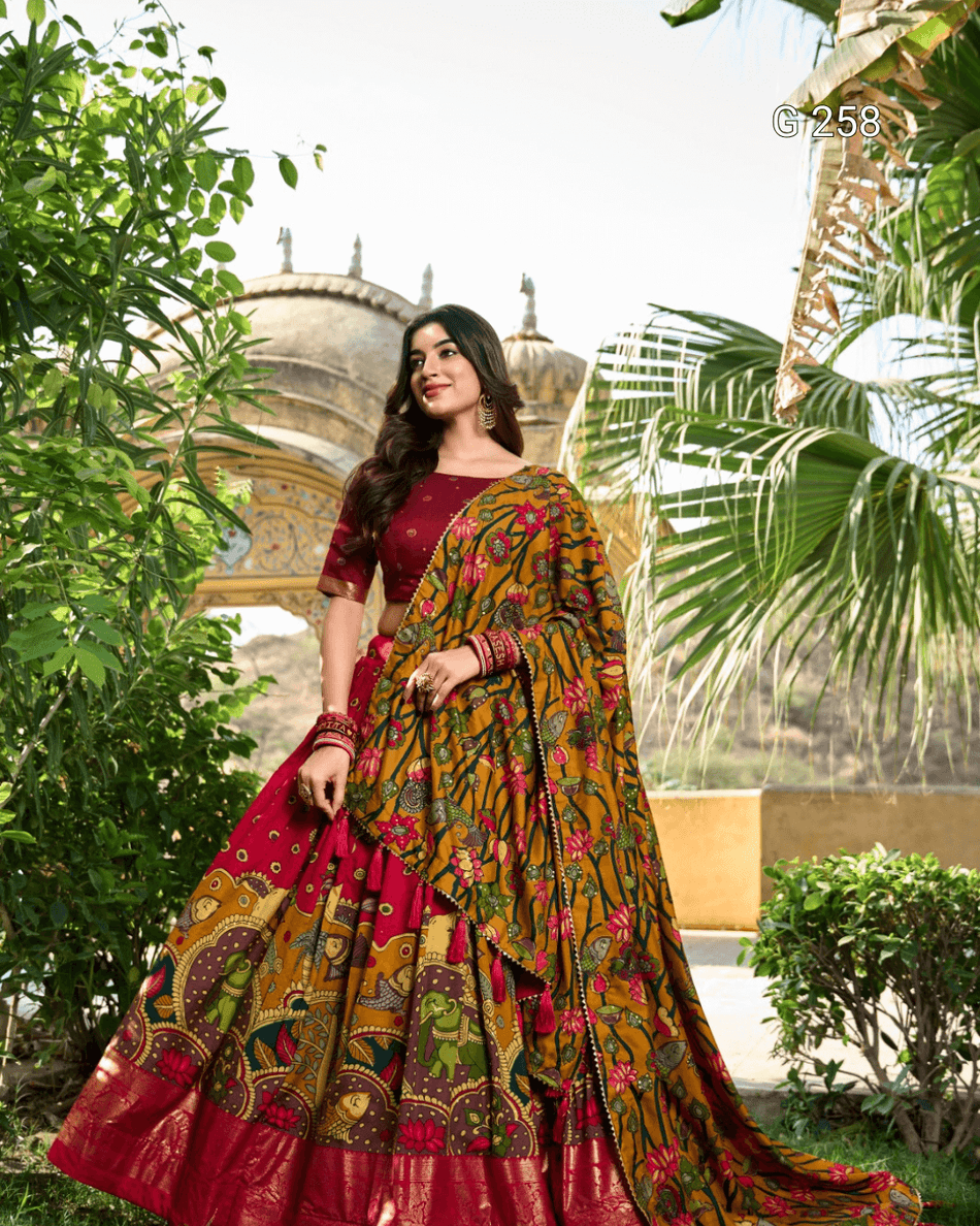 Kalamkari Print Tasar Silk Lehenga with Foil Work Border – G 261 Red