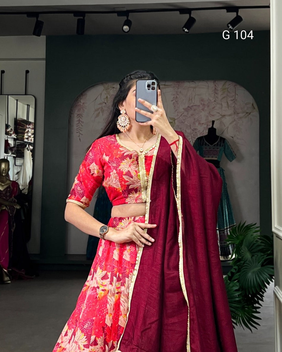 Tusar Silk Lehenga with Printed Design & Lace Touch Up – G 104 Red