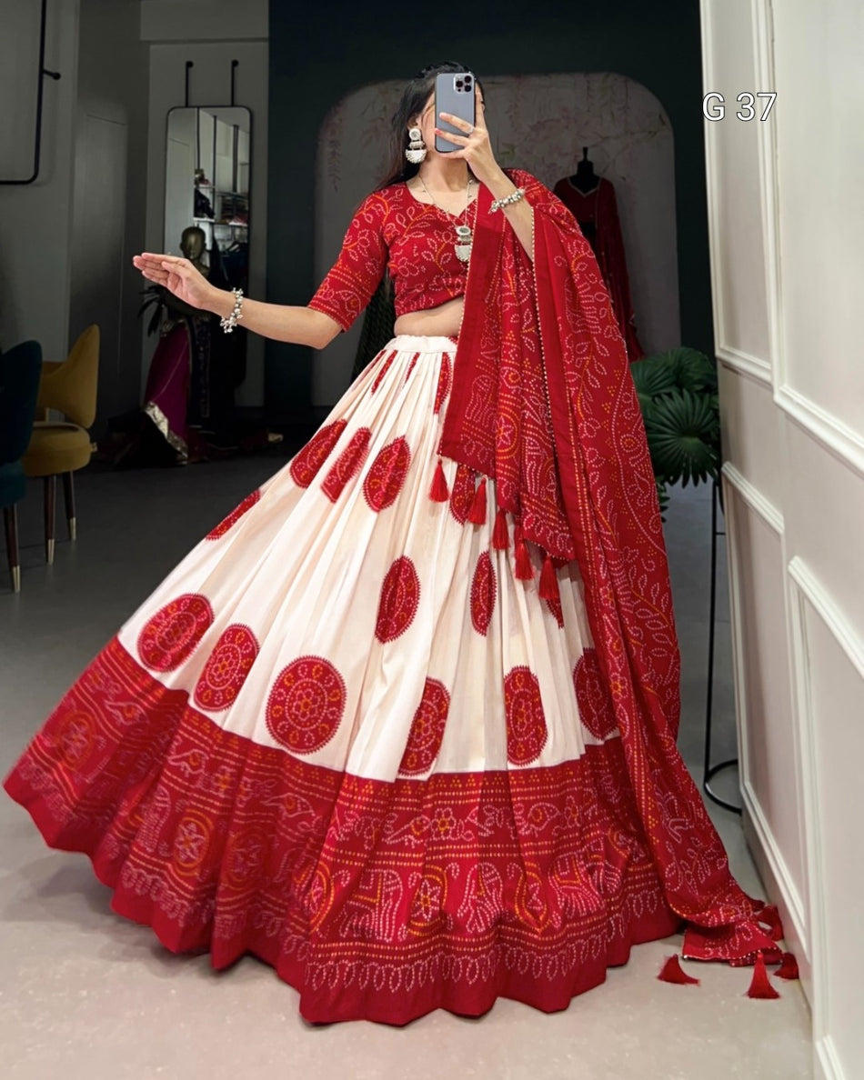 Tussar Silk Bandhej Print Lehenga with Gotta Patti Lace & Tassels – G 37 Red