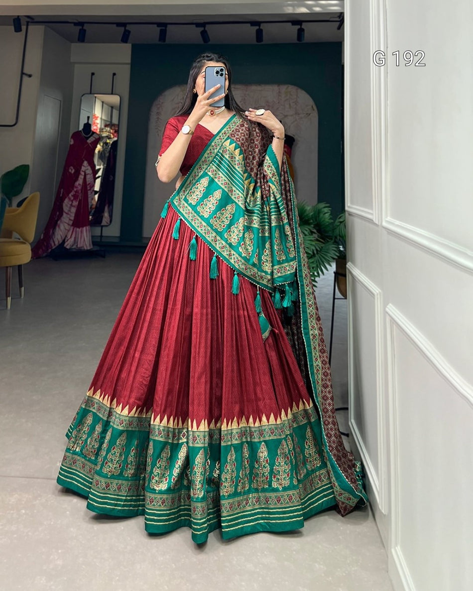 Tussar Silk Printed Lehenga with Foil Work and Heavy Tassels – G 192 Red