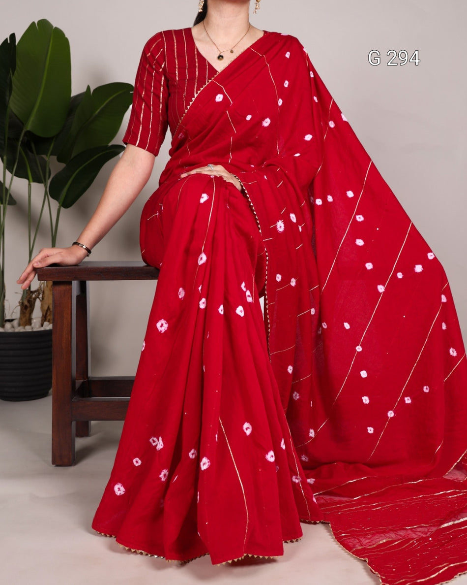 Sequins and Zari Line Viscose Chanderi Saree with Gota Patti Lace Border – G 294 Red