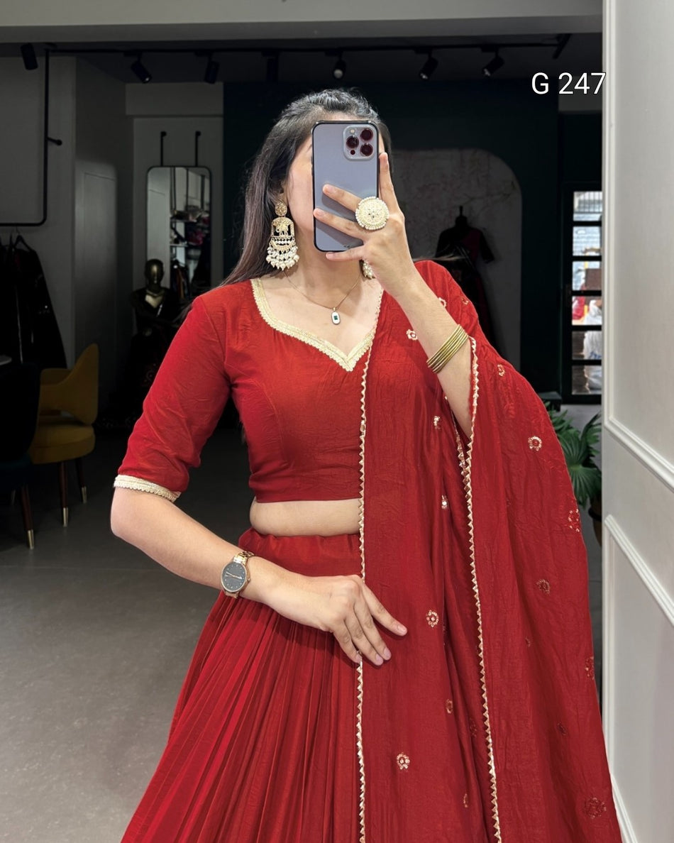 Zari Weaving Pure Chanderi Lehenga with Lace Border – G 247 Red