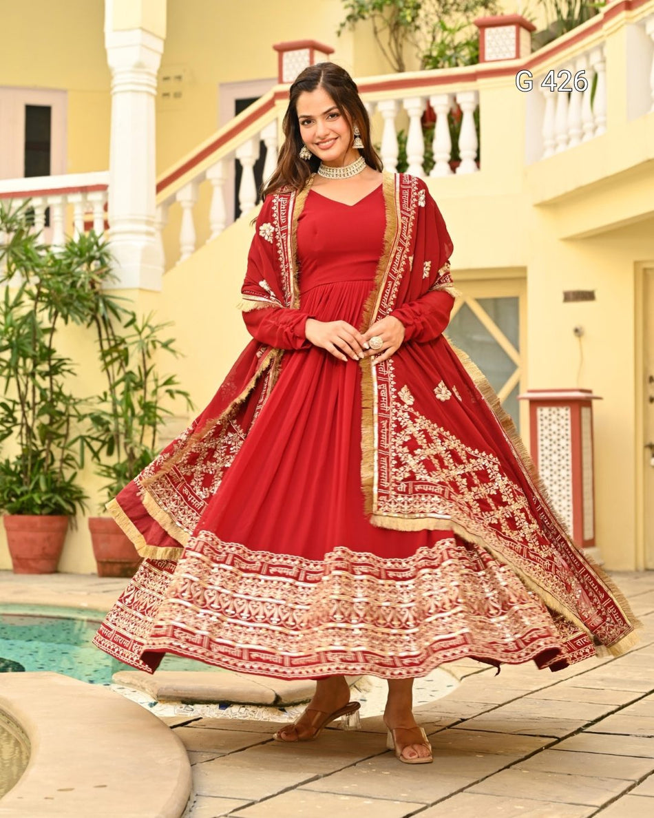 Faux Blooming Gown with Zari & Sequins Embroidery – G 426 Red