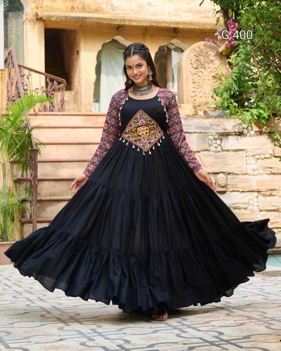 Kutchi Gamthi Embroidered Reyon Gown with Cotton Print – G 400