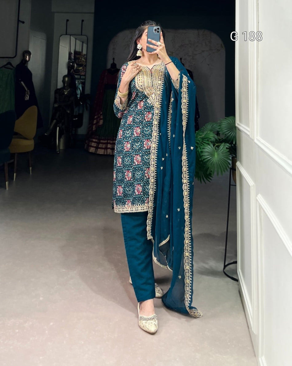 Teal Pure Rayon Top with Sequins & Thread Embroidery and Roman Silk Bottom – G 188 Teal