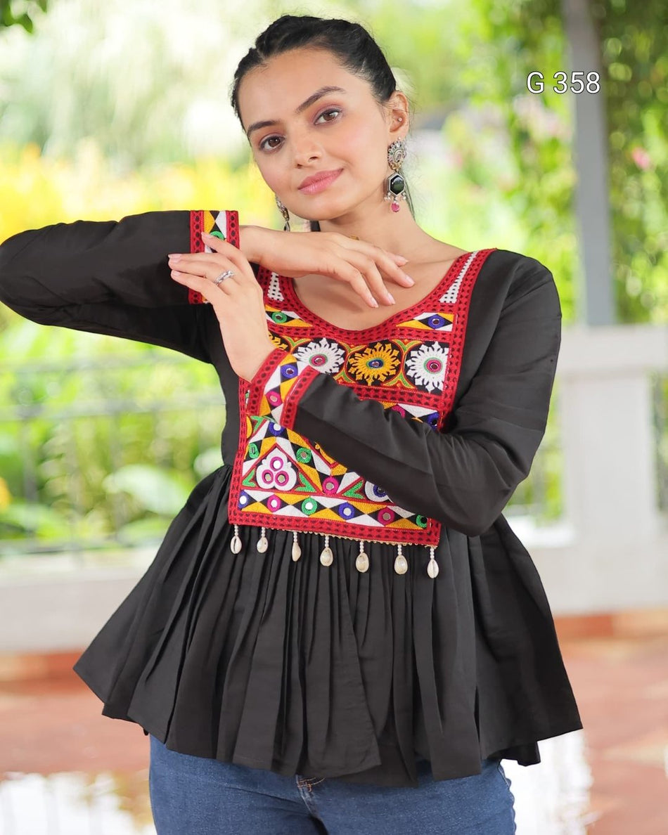Roman Fabric Top with Kutchi Gamthi Work – G 358 Black