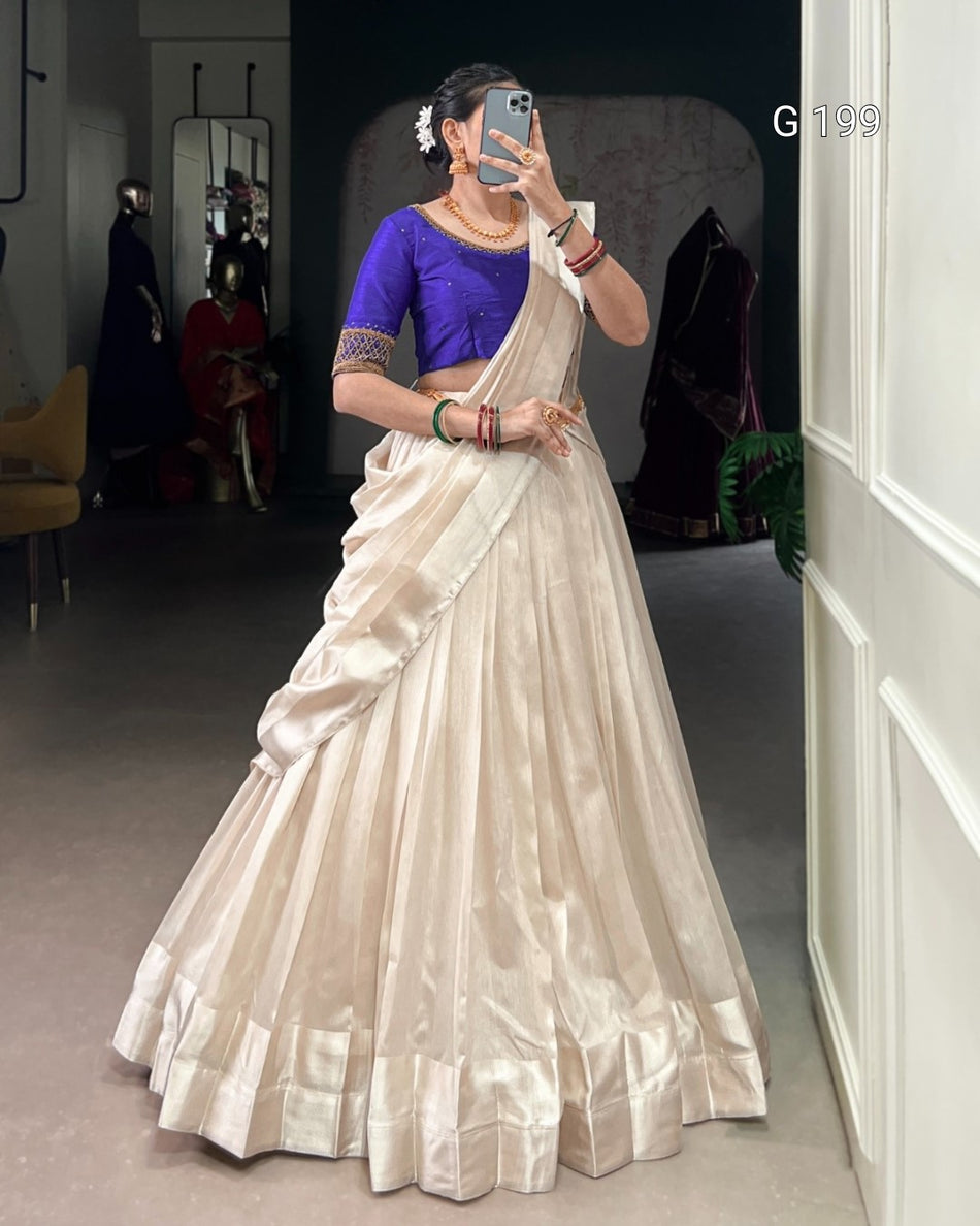 Royal Blue Poly Tasar Lehenga with Viscose Border and Bead Work – G 199 Royal Blue