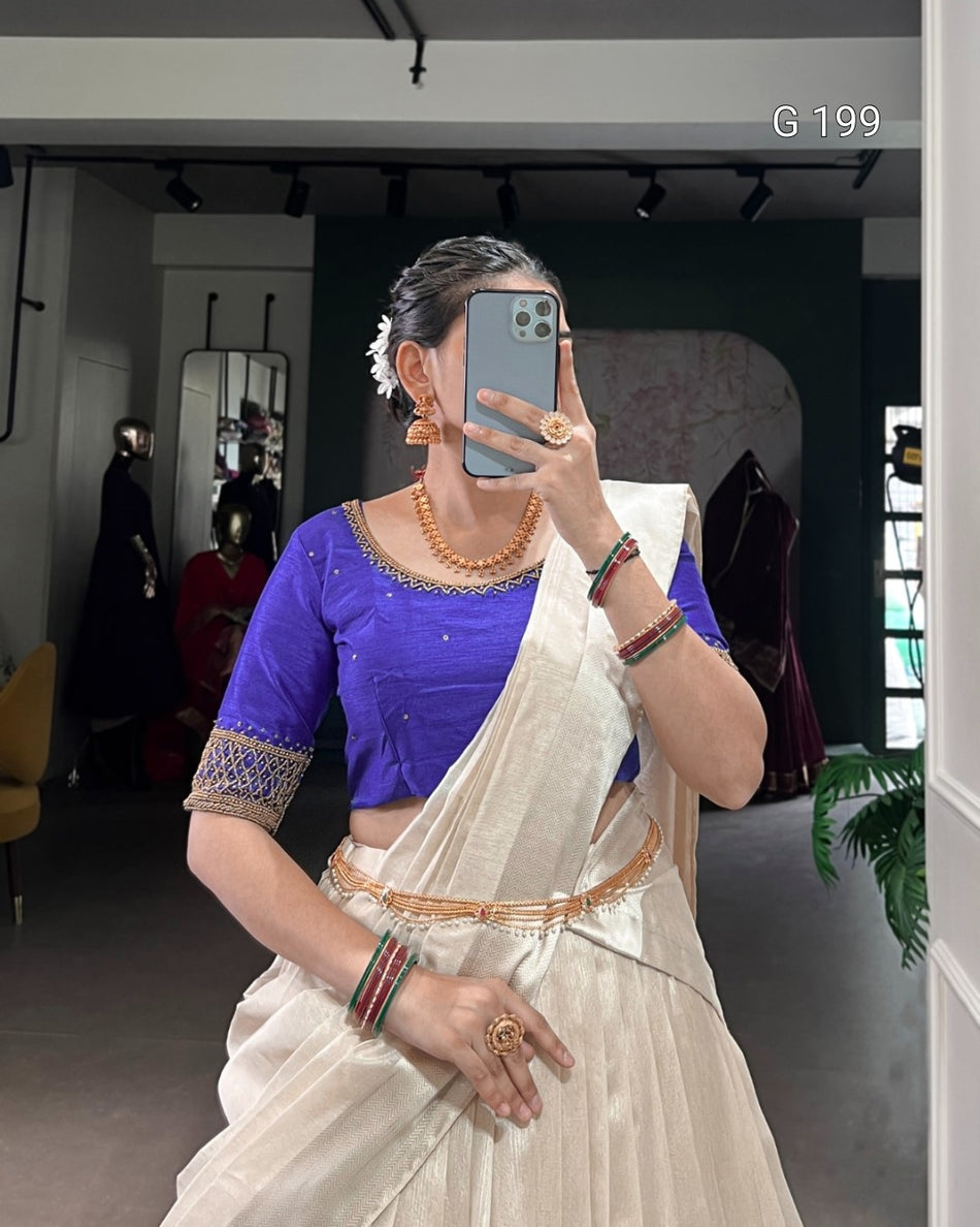 Royal Blue Poly Tasar Lehenga with Viscose Border and Bead Work – G 199 Royal Blue