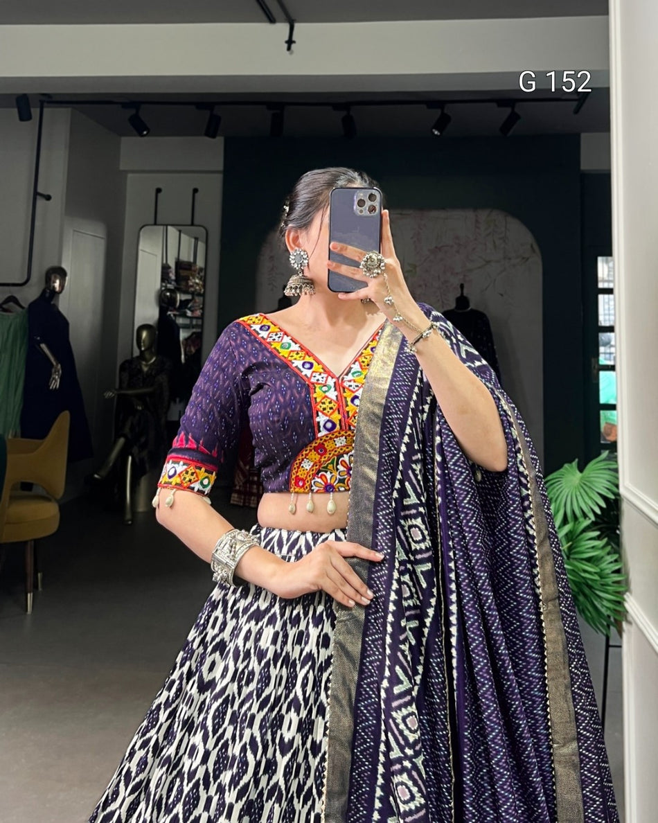 Royal Navy Blue Tussar Silk Lehenga with Ikkat Print & Original Mirror Gamthi Work – Bridal Lehenga Set-G 152 Navi Blue