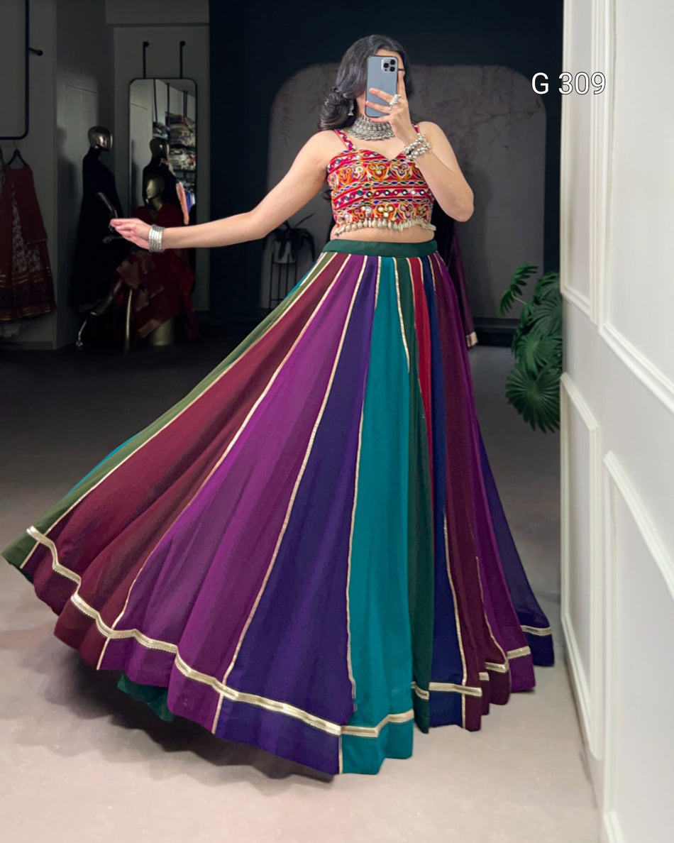 Georgette Lehenga with Real Mirror & Lace Touch Up – G 309 Multi