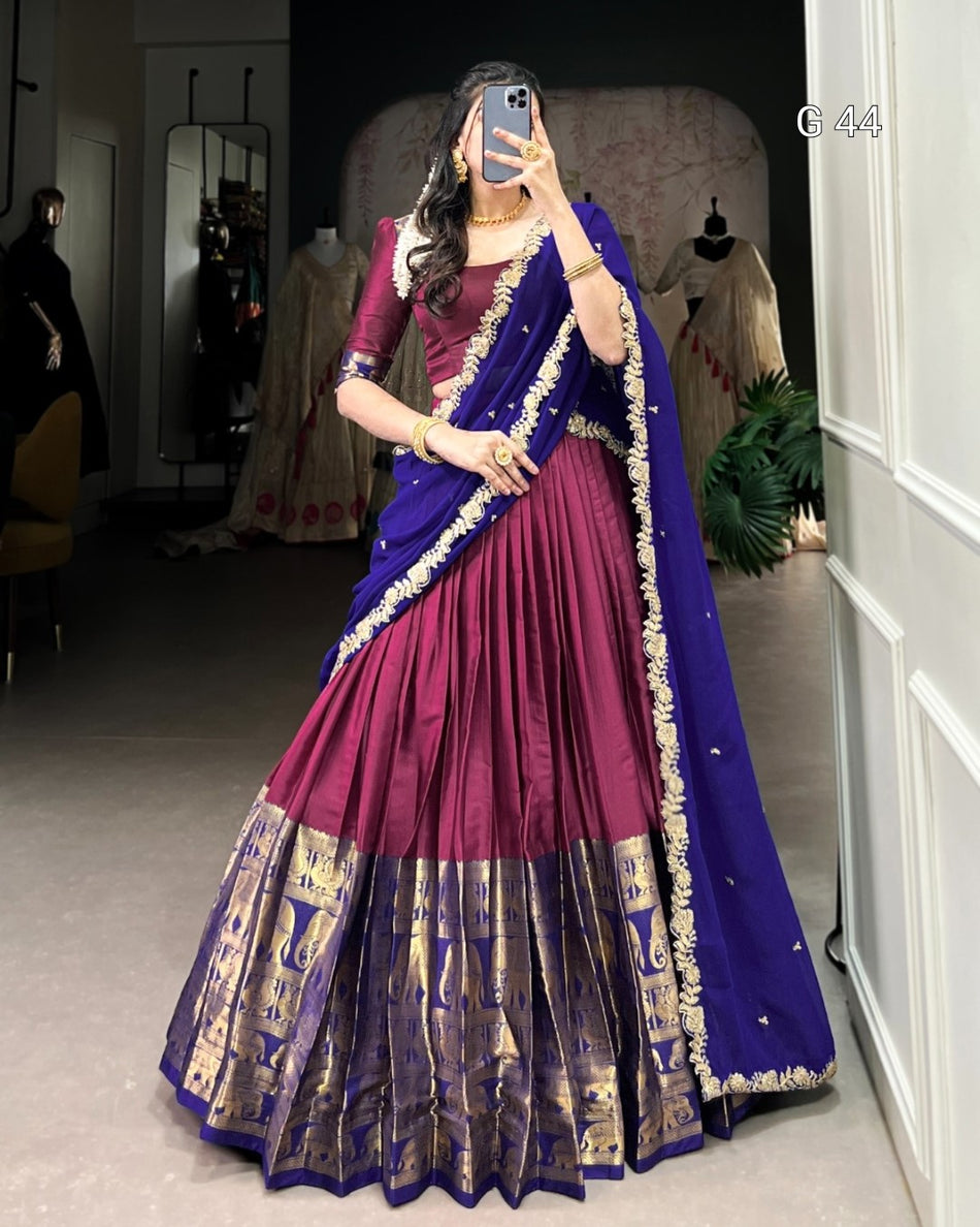 Narayan Pattu Lehenga with Zari Weaving Work – Stitched Blouse with Sequins Embroidery Dupatta - G 44