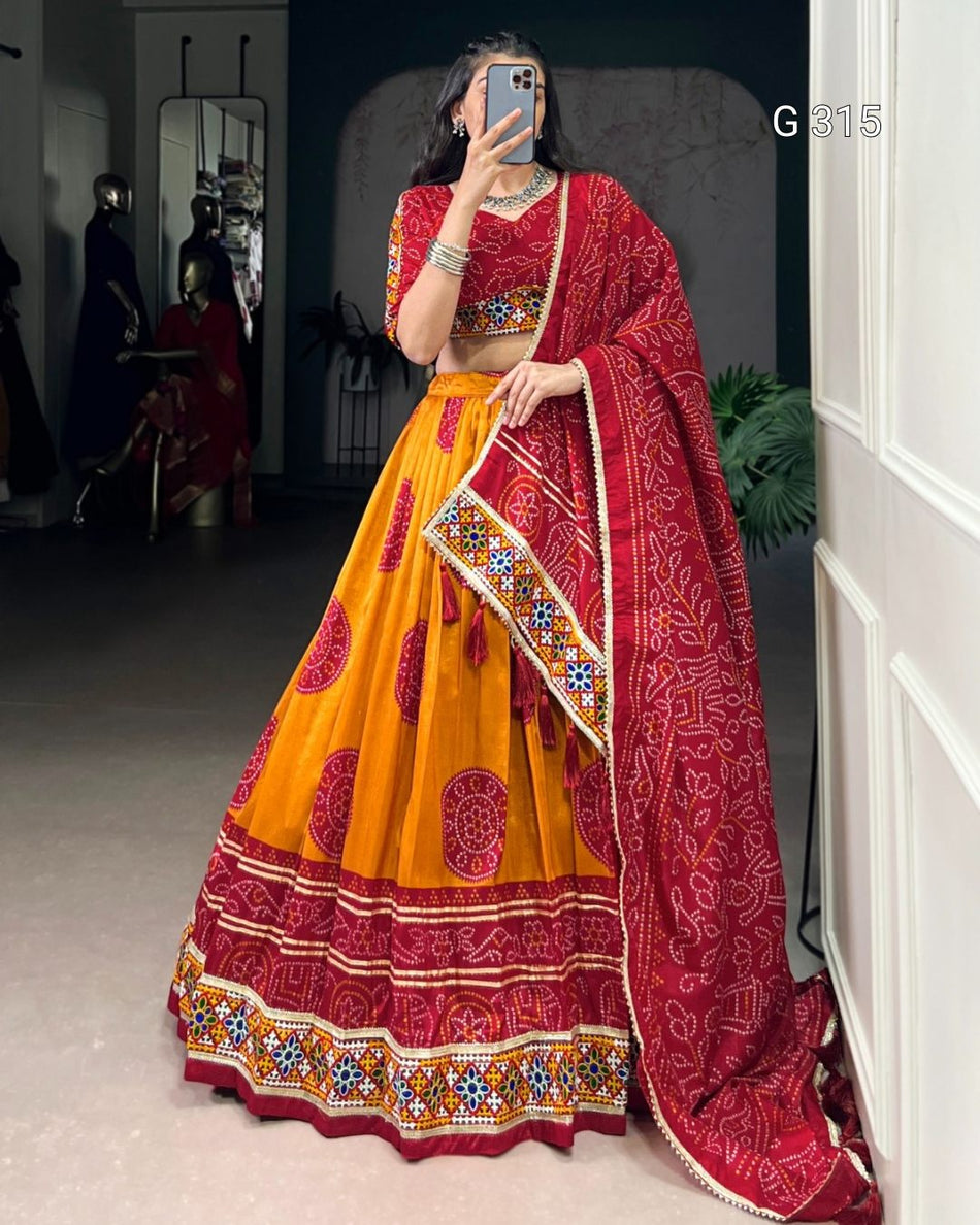 Bandhej Print Tasar Silk Lehenga with Gamthi Work – G 315