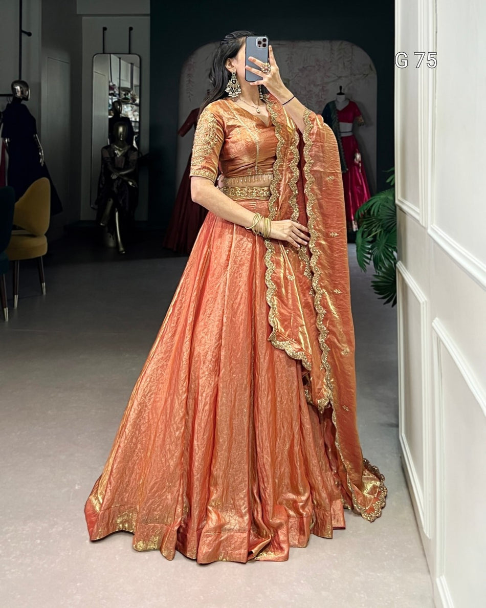 Fendi Lehenga with Sequins & Thread Embroidery – G 75 Rust Orange