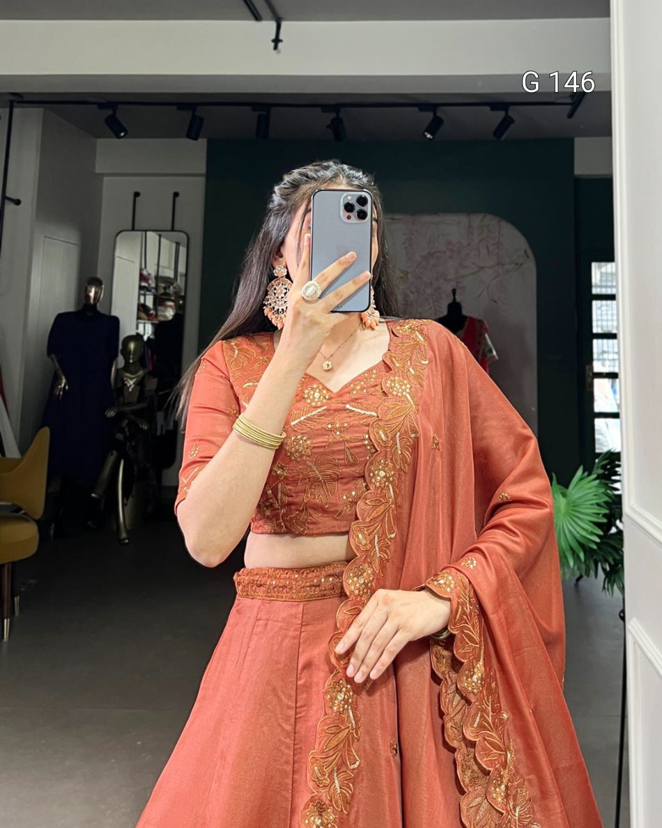 Rust Orange Korean Pure Tussar Lehenga with Sequins & Thread Embroidery – Bridal Lehenga Set-G 146 Rust Orange