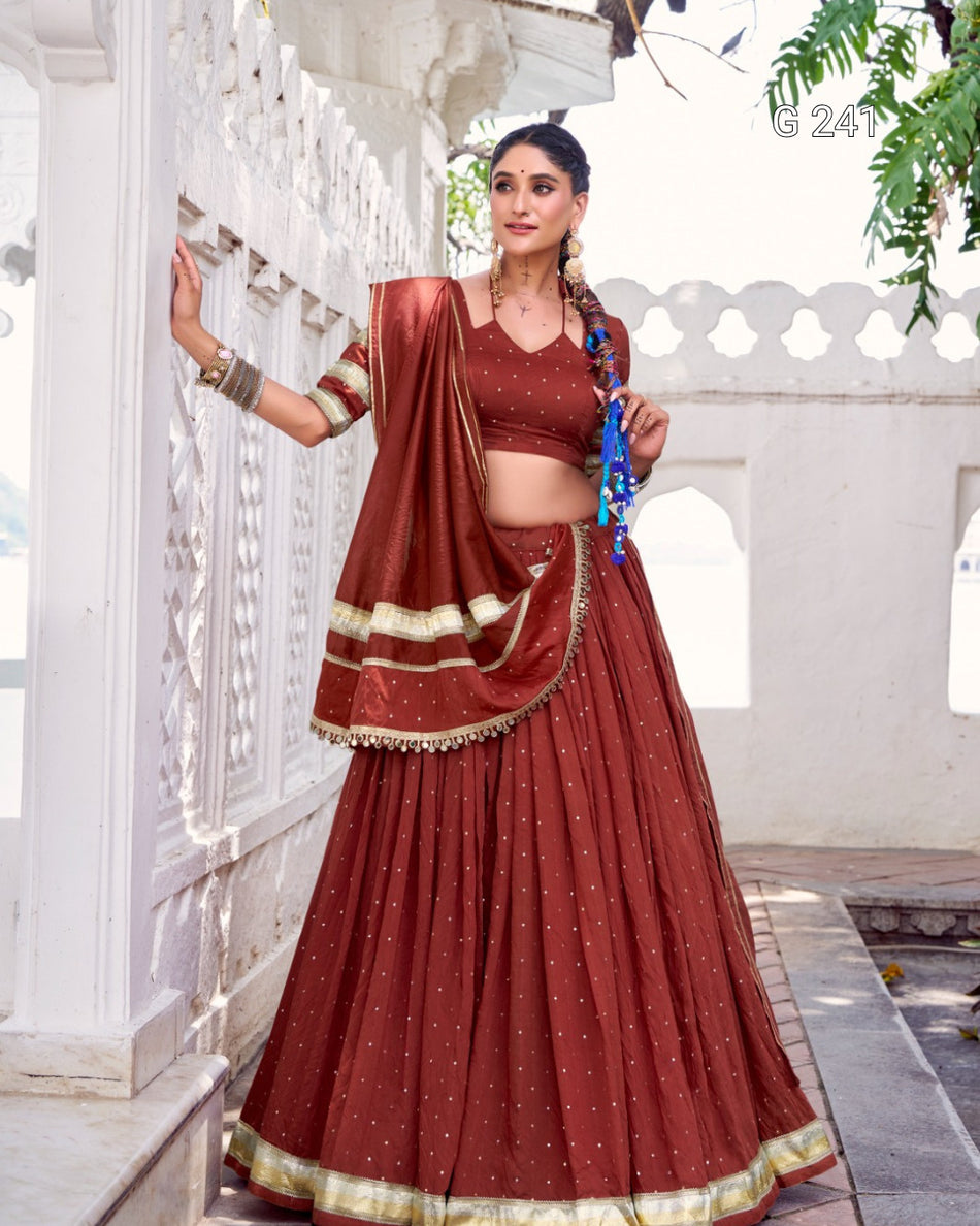 Zari Weaving Pure Chanderi Lehenga with Embossed Design Lace – G 241