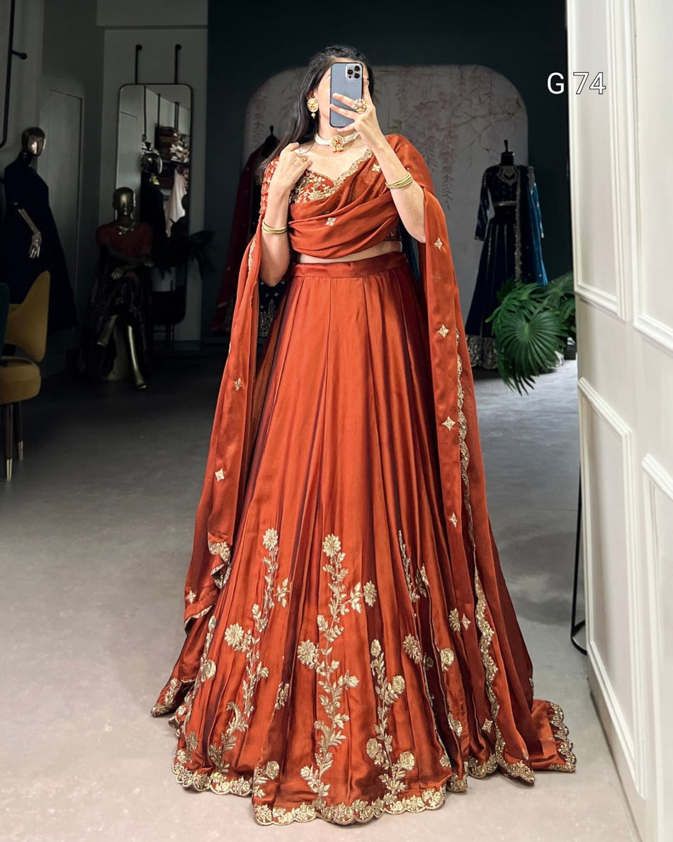Rangoli Silk Lehenga with Sequins & Thread Embroidery – G 74 Rust Orange