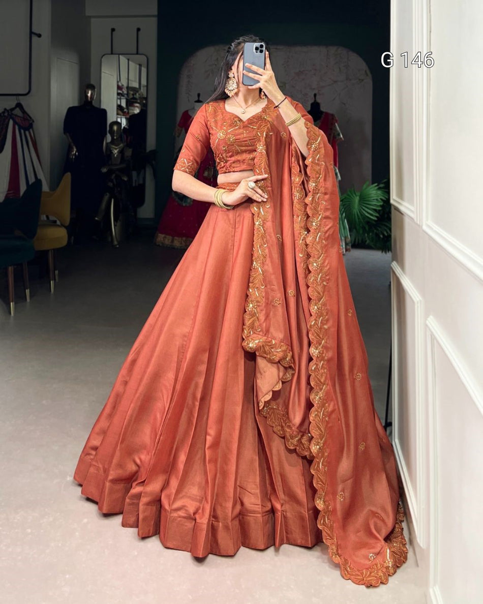 Rust Orange Korean Pure Tussar Lehenga with Sequins & Thread Embroidery – Bridal Lehenga Set-G 146 Rust Orange
