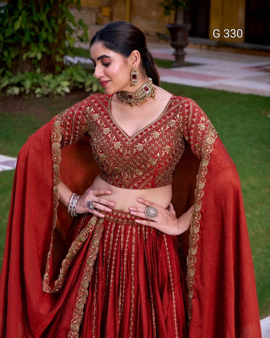Rangoli Crush Lehenga with Sequins & Thread Embroidery – G 330 Rust Orange