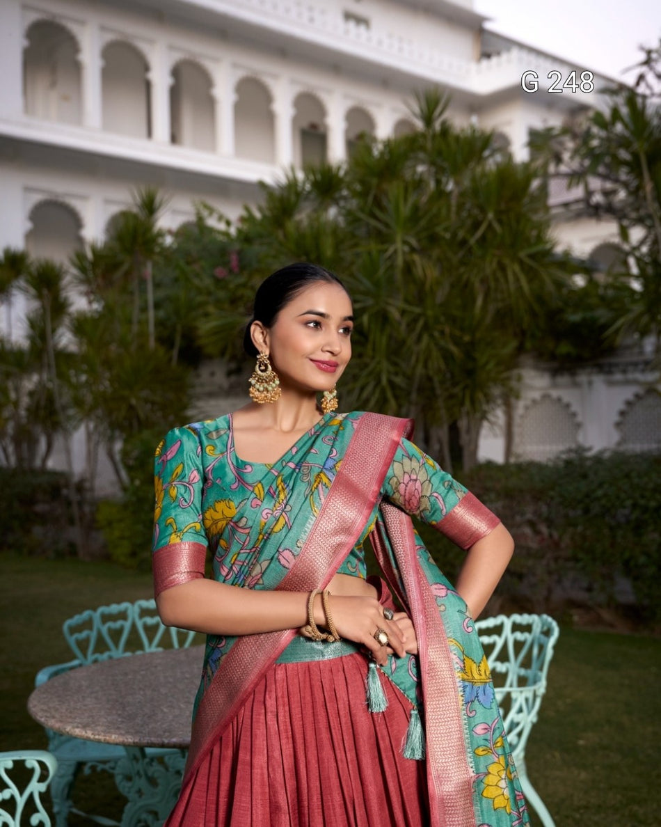 Kalamkari Printed Dola Silk Lehenga with Zari Weaving Border – G 248 Salmon