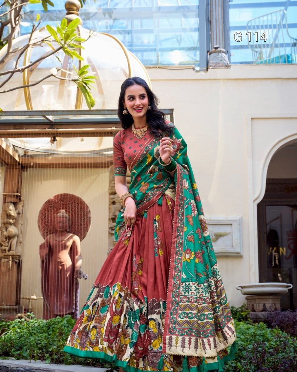 Tussar Silk Lehenga with Foil Work & Kalamkari Print Dupatta – G 114 Salmon