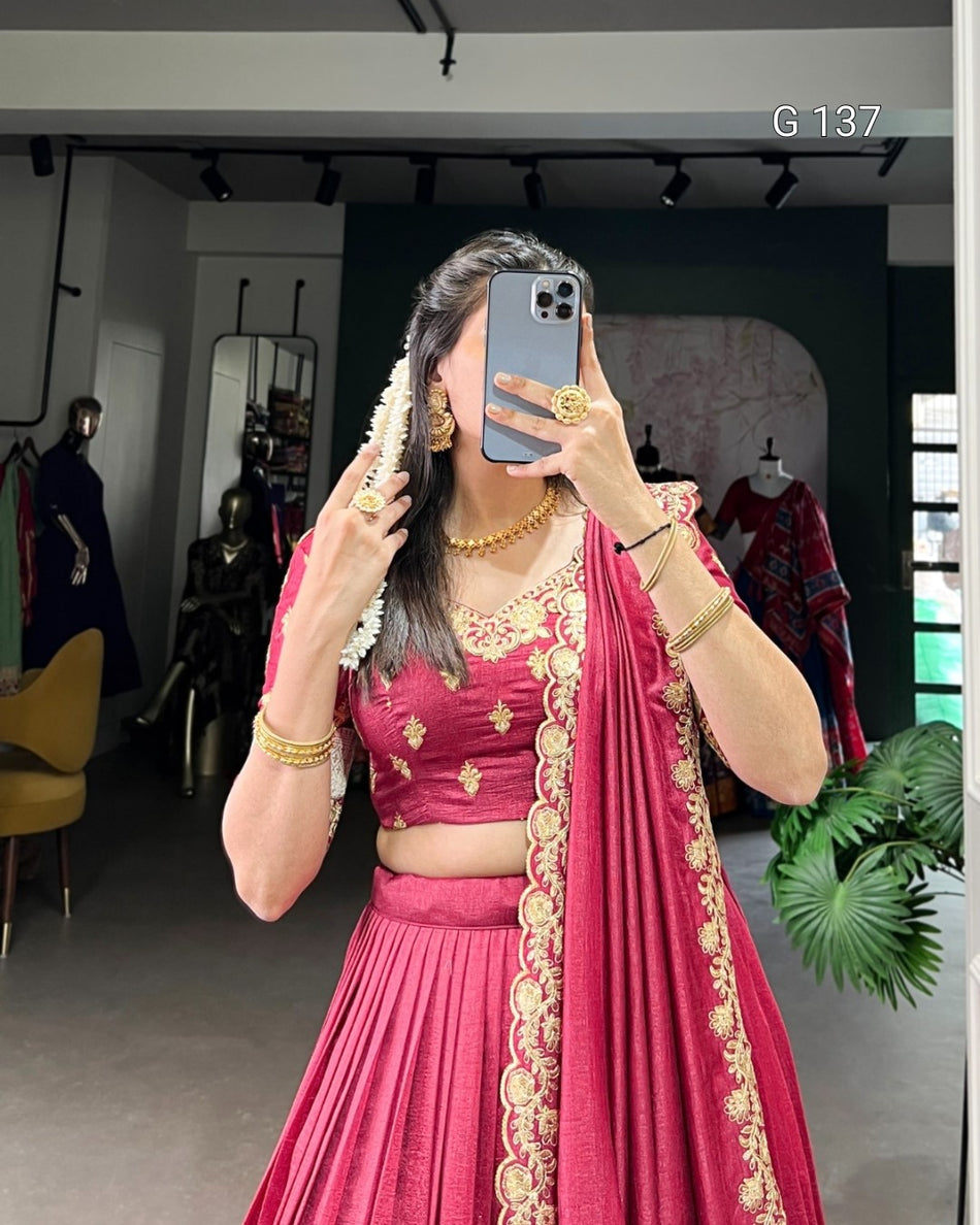 Salmon Vichitra Silk Lehenga with Zari Weaving Work & Sequins Lace Border-G 137 Salmon