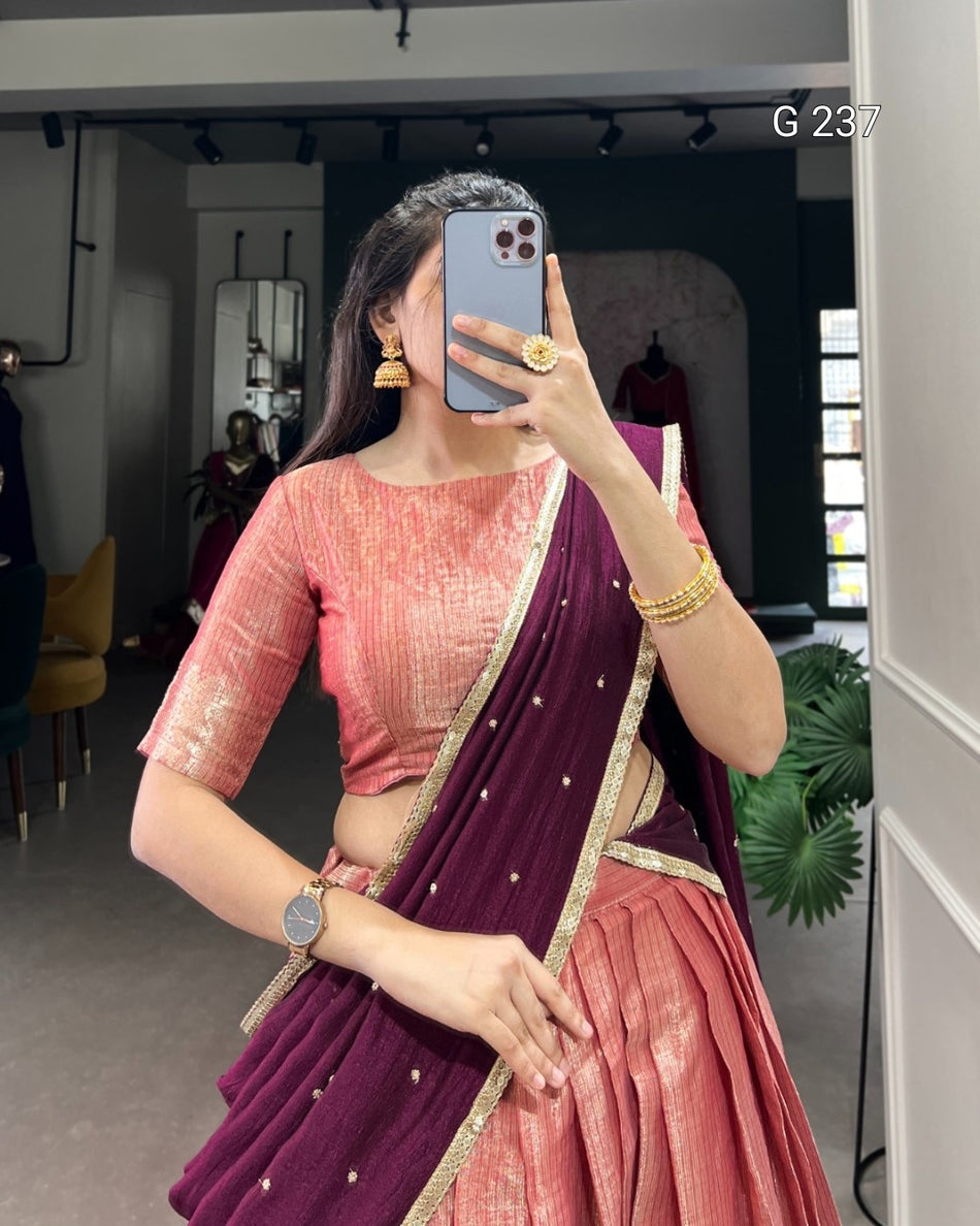 Zari Weaving Kanchipuram Lehenga with Vichitra Silk Dupatta – G 237 Salmon