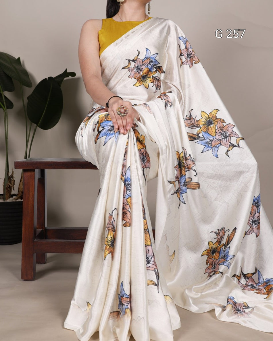 Floral Printed Satin Silk Saree – G 257 Off White