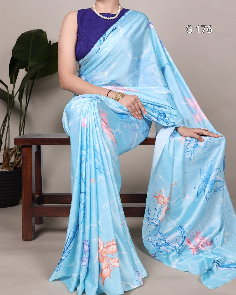 Sky Blue Satin Silk Saree with Floral Print – G 176