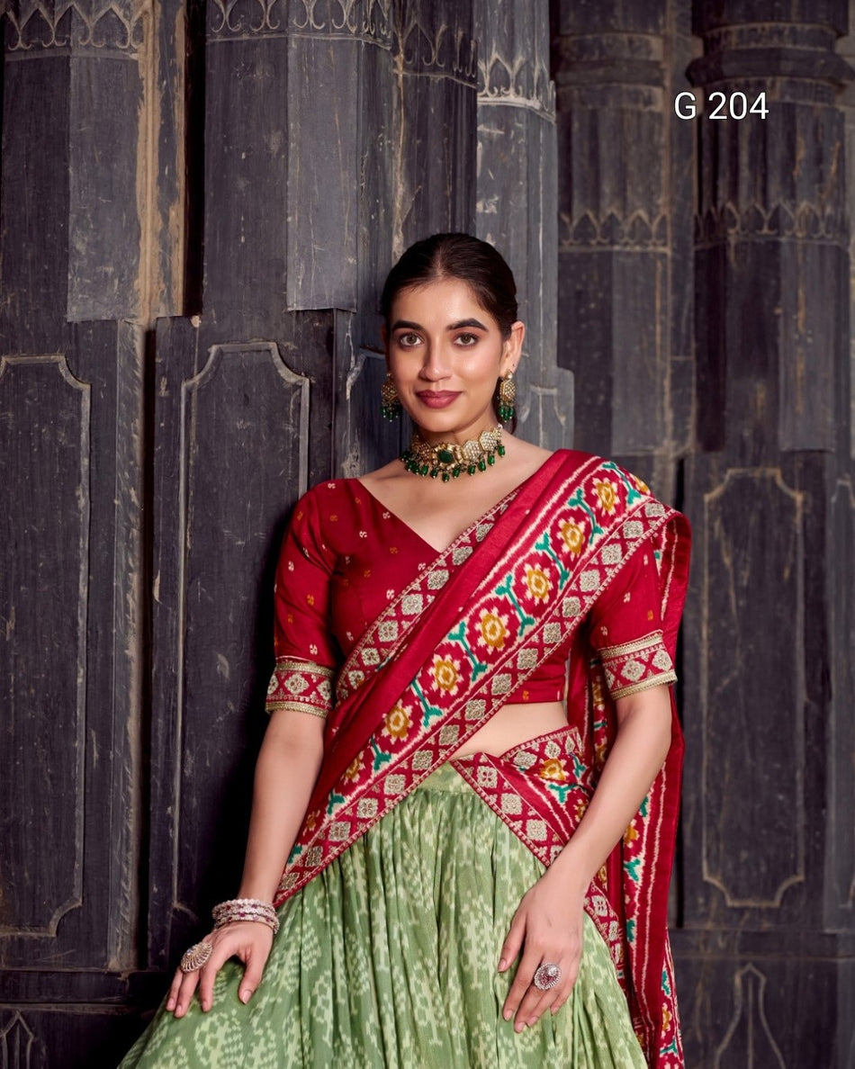 Ikkat Print Tasar Silk Lehenga with Sequins & Thread Embroidery Lace Blouse – G 204 Sea Green