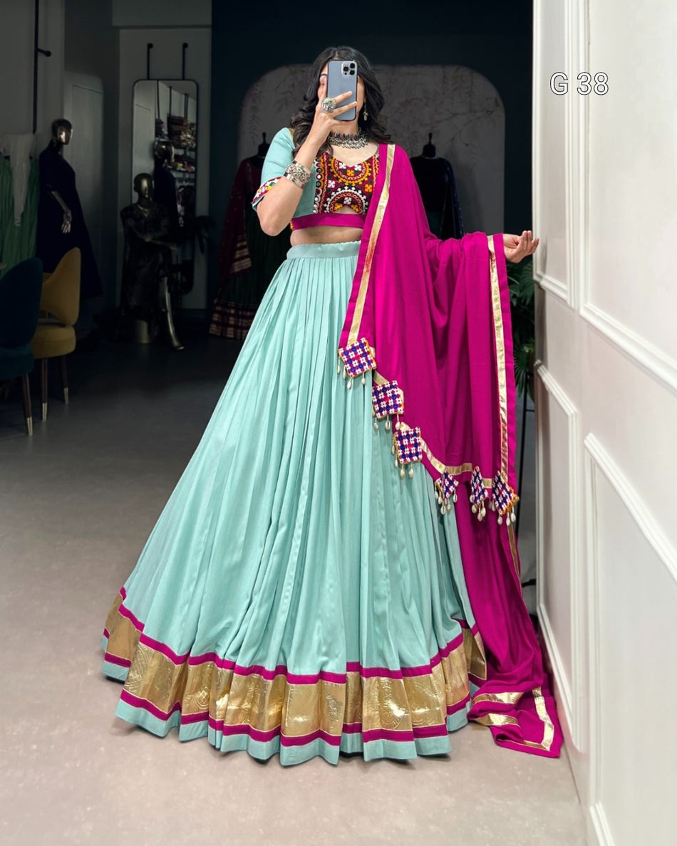 Sea Green Pure Rayon Lehenga with Embossed Design & Mirror Gamthi Work – Stitched Blouse and Dupatta - G 38 Sea Green