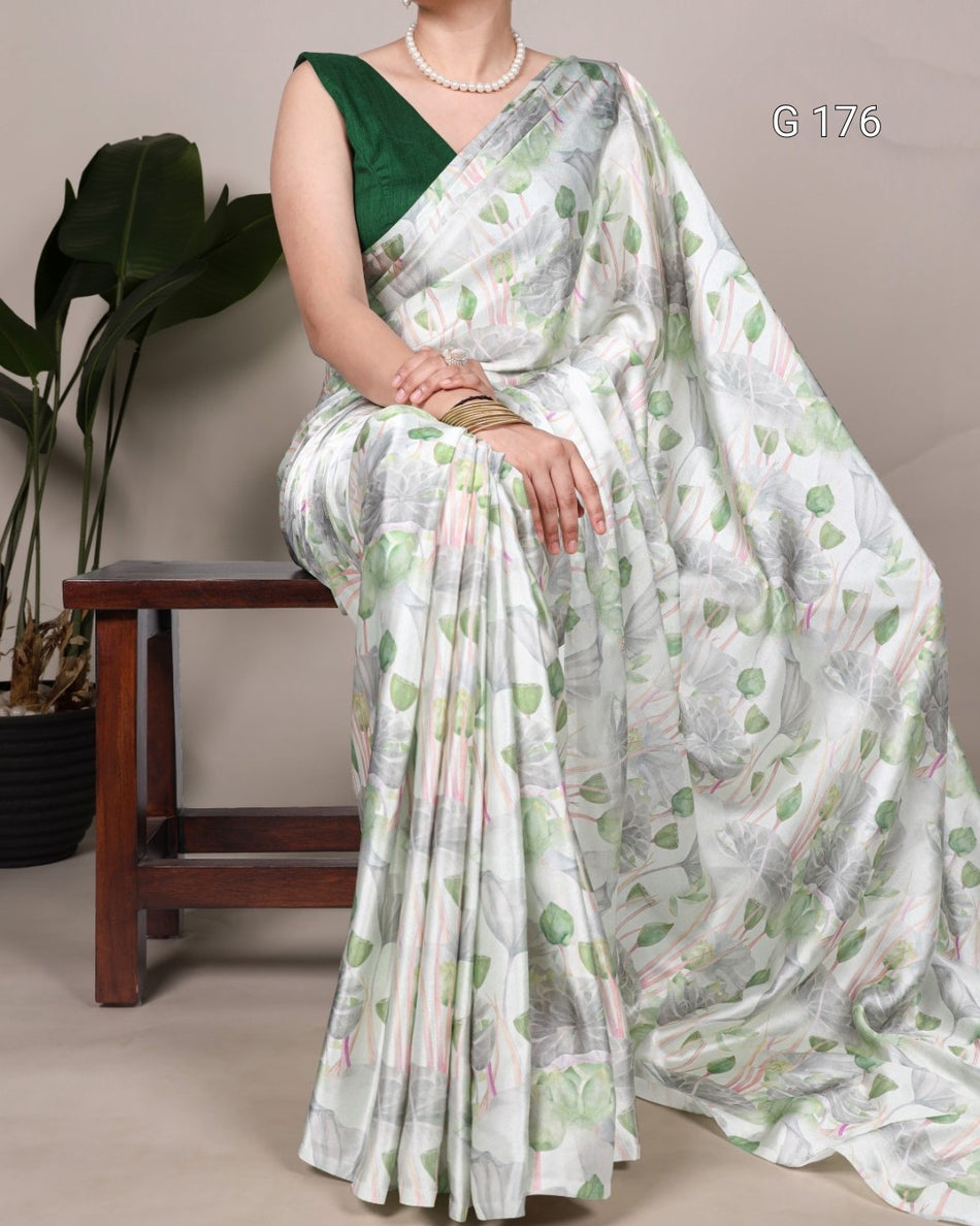 Sky Blue Satin Silk Saree with Floral Print – G 176