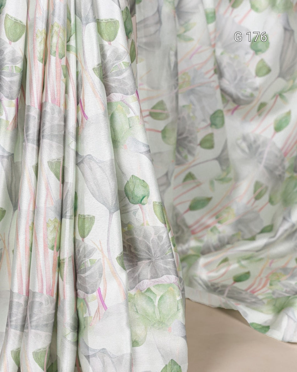 Sea Green Satin Silk Saree with Floral Print – G 176 Sea Green