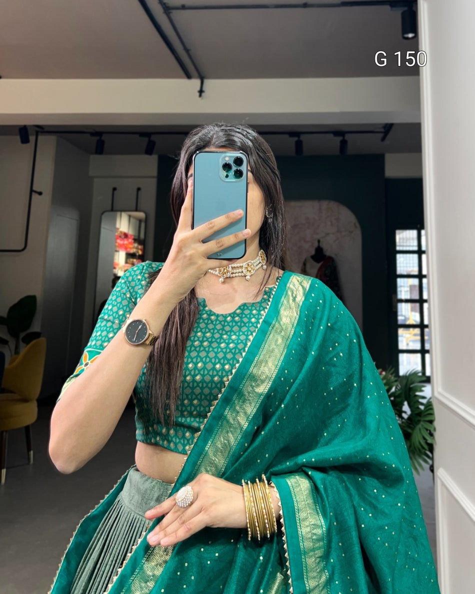 Sea Green Tussar Silk Lehenga with Floral & Foil Print – Elegant Bridal Lehenga Set-G 150 Sea green