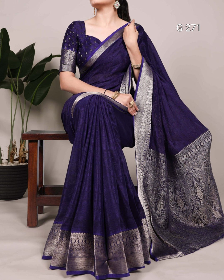 Self Printed Chinon Saree with Zari Weaving – G 271 Navy Blue