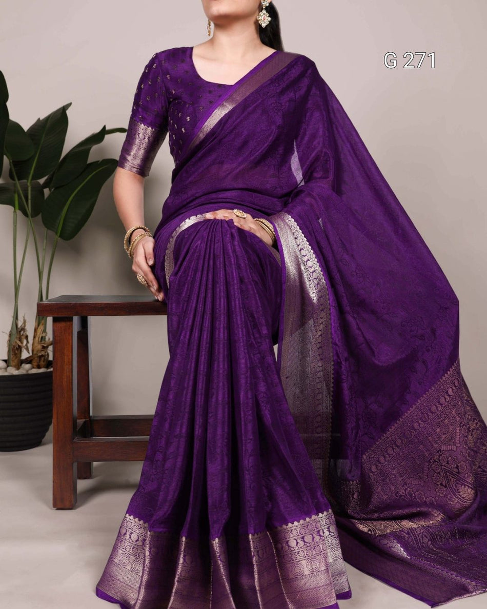 Self Printed Chinon Saree with Zari Weaving – G 271 Purple