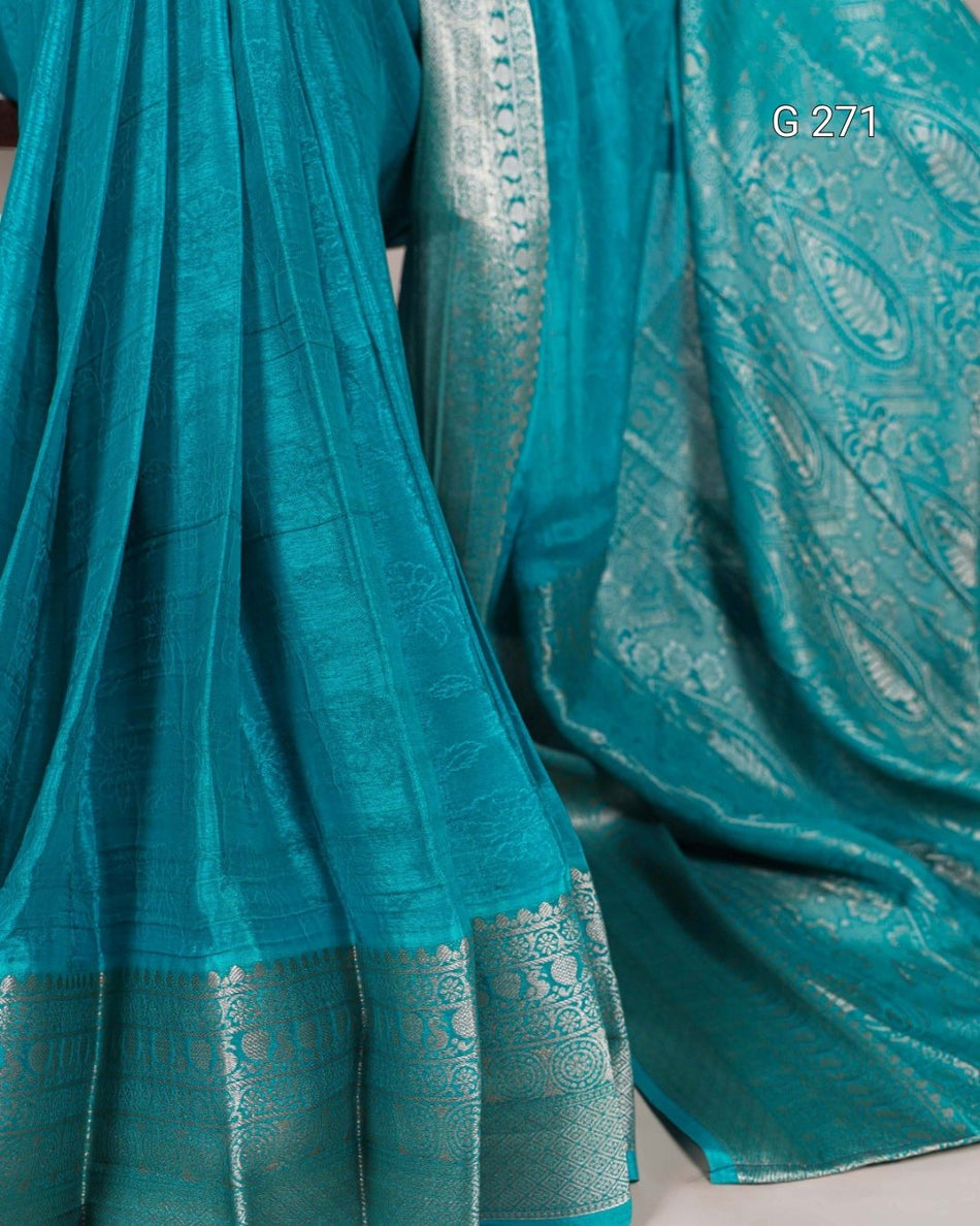 Self Printed Chinon Saree with Zari Weaving – G 271 Firozi