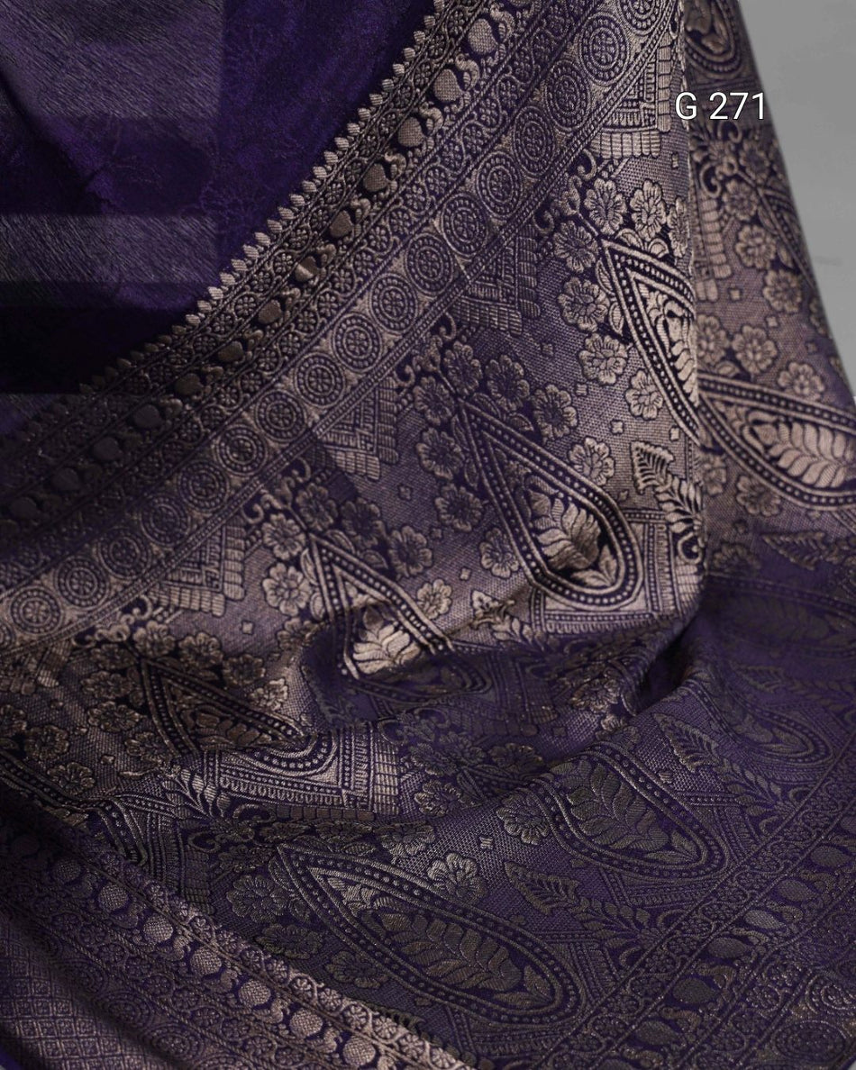 Self Printed Chinon Saree with Zari Weaving – G 271 Navy Blue