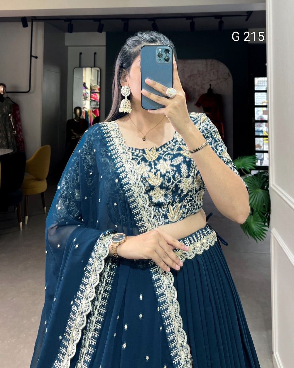Sequins and Thread Embroidery Georgette Lehenga with Belt – G 215 Teal