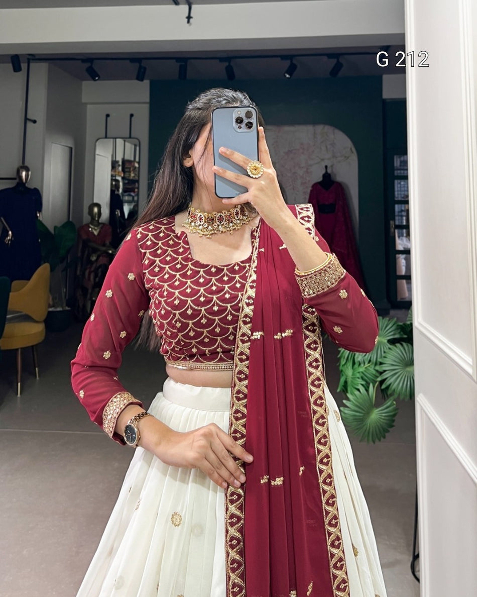 Sequins and Thread Embroidery Georgette Lehenga with Lace Touch Up – G 212 White