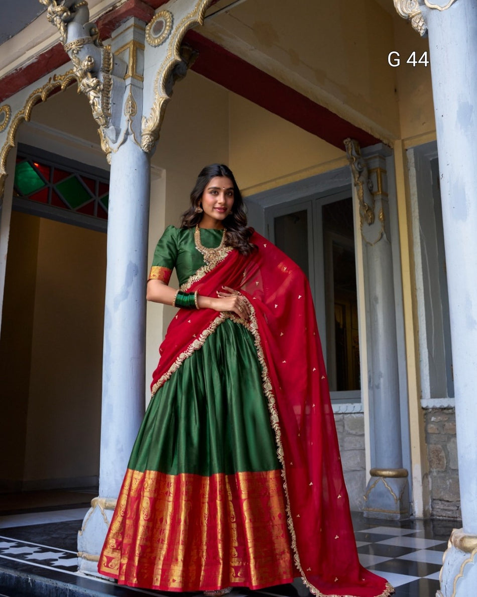Narayan Pattu Lehenga with Zari Weaving Work – Stitched Blouse with Sequins Embroidery Dupatta - G 44