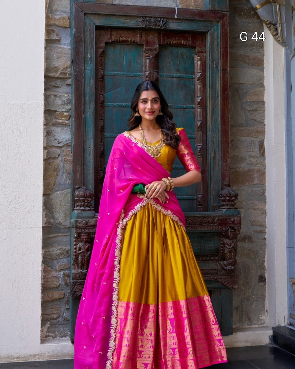 Narayan Pattu Lehenga with Zari Weaving Work – Stitched Blouse with Sequins Embroidery Dupatta - G 44