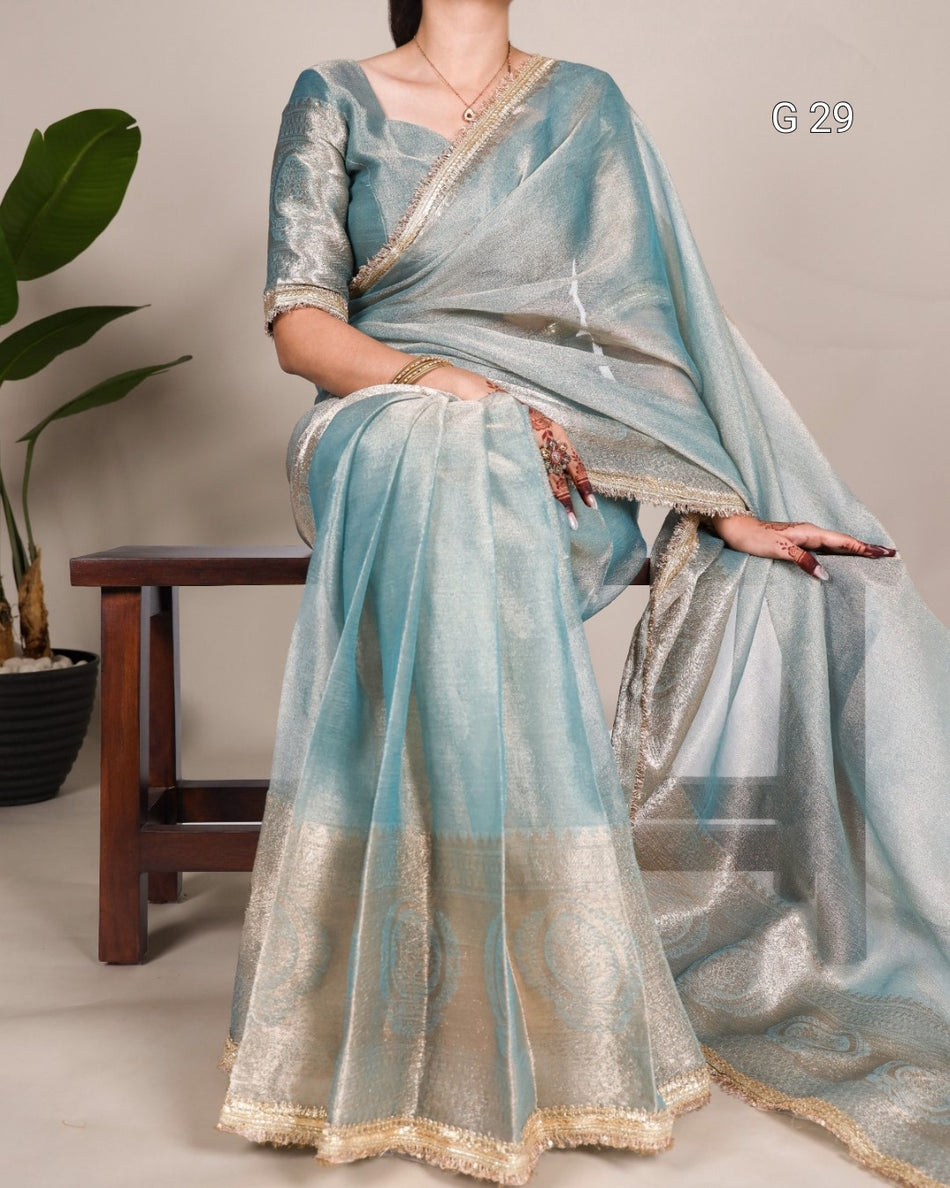 Tissue Shimmer Saree with Zari Weaving & Sequins Lace Border – G 29