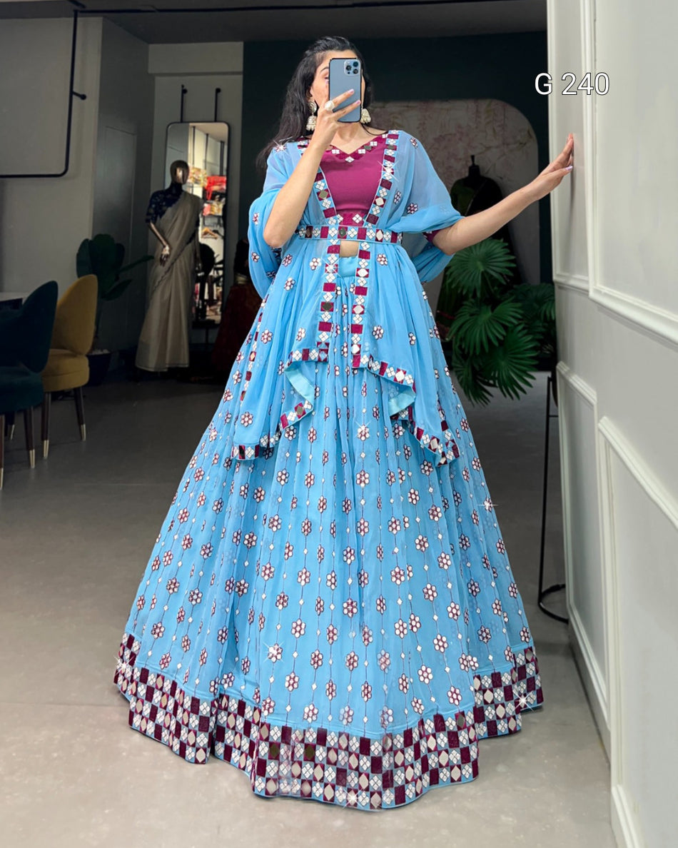Sequins and Mirror Work Georgette Lehenga with Dupatta – G 240 Sky Blue
