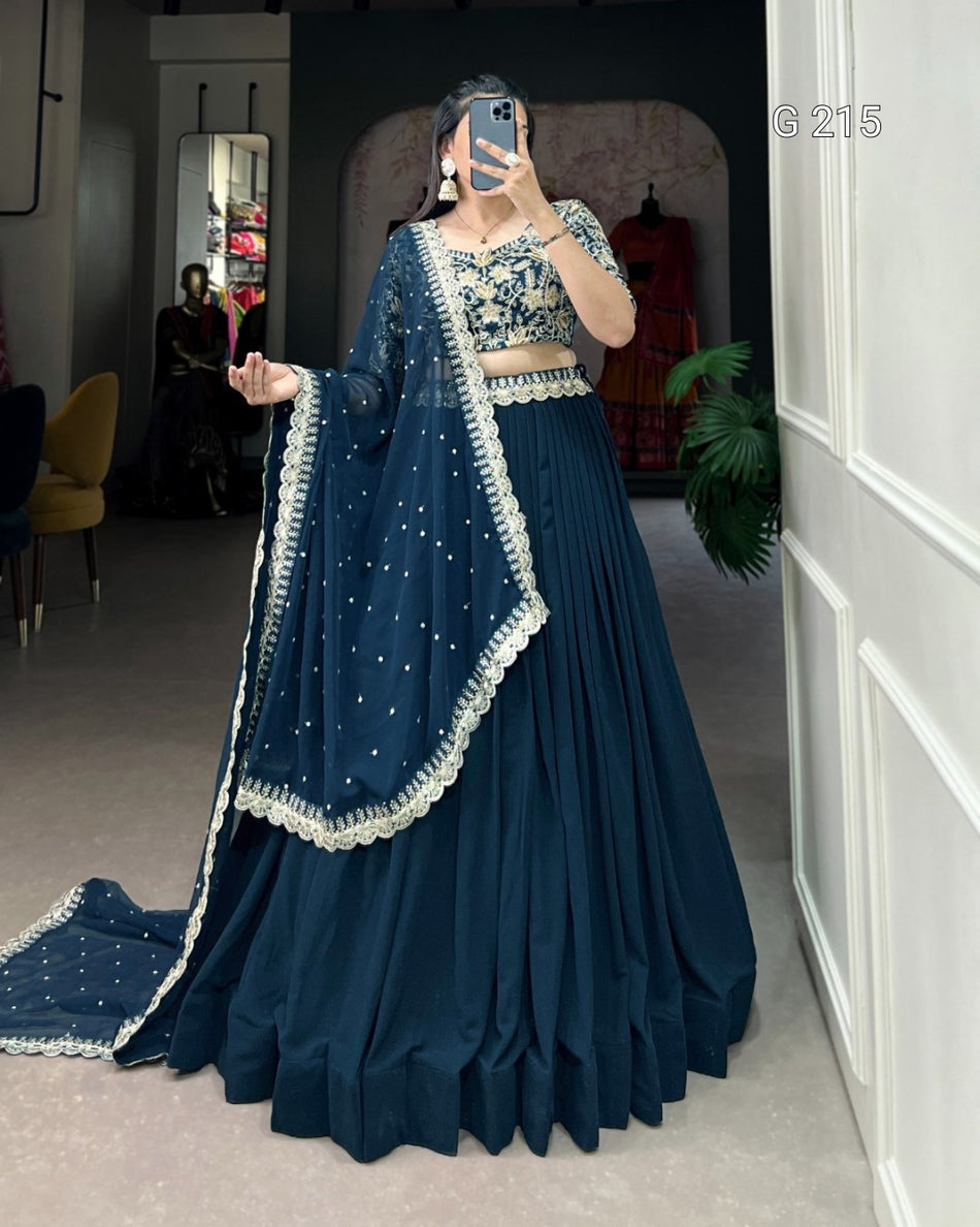 Sequins and Thread Embroidery Georgette Lehenga with Belt – G 215 Teal